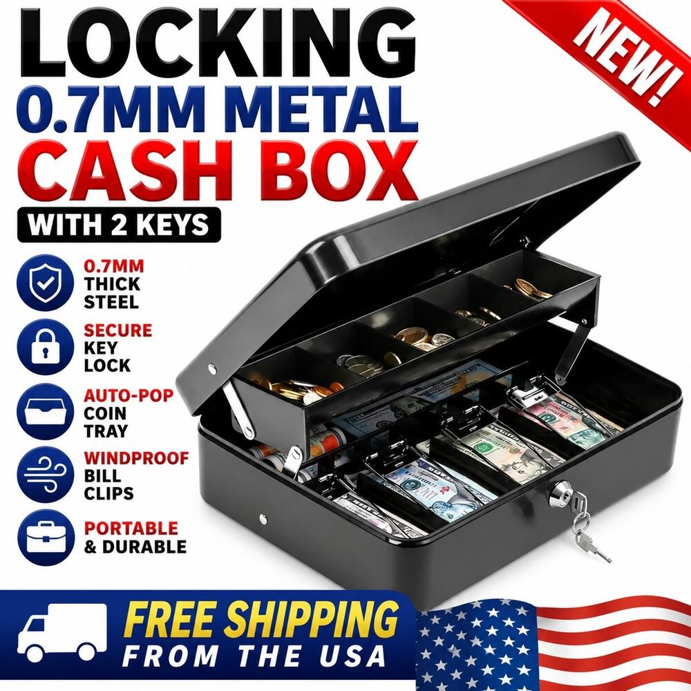Large Cash Box with Money Tray and Lock, Metal Money Box for Cash, Lockbox